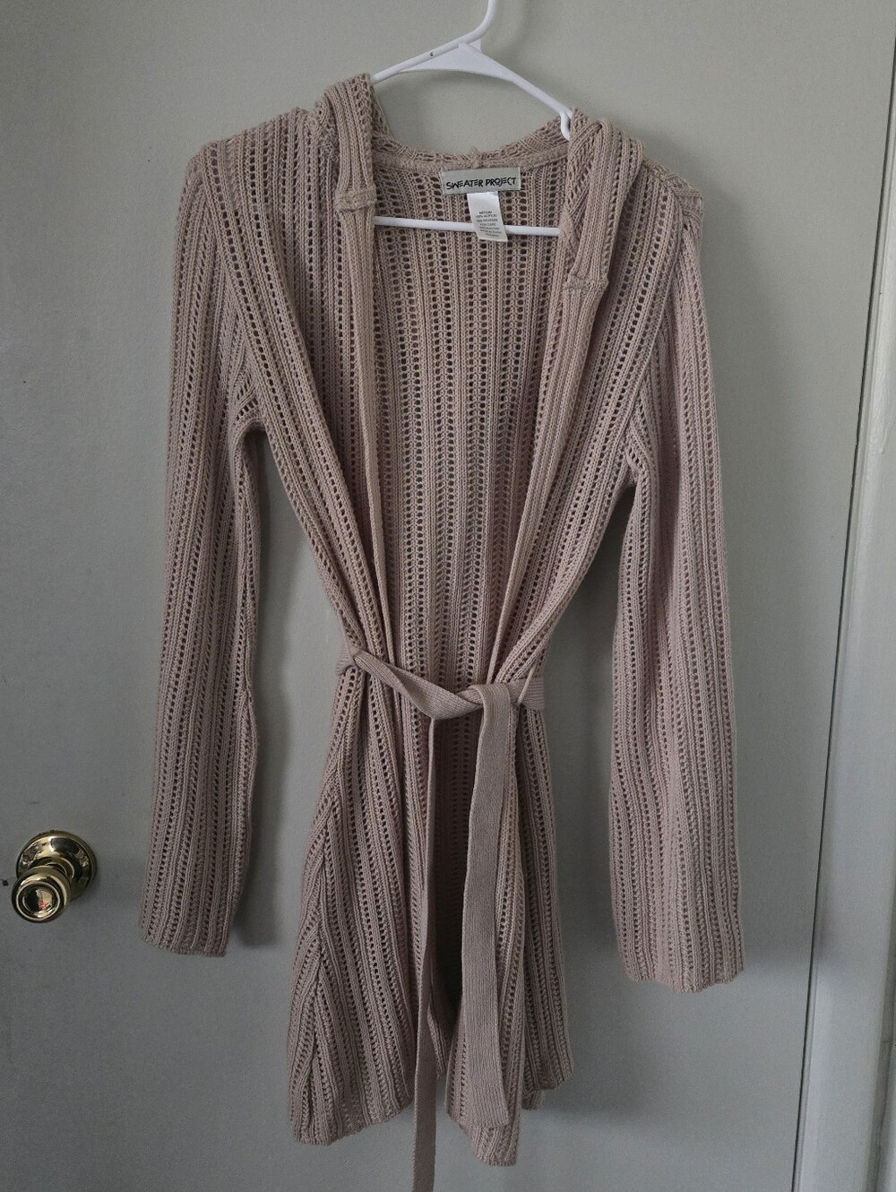 Sweater Project Belted Open-Knit Hooded Cardigan